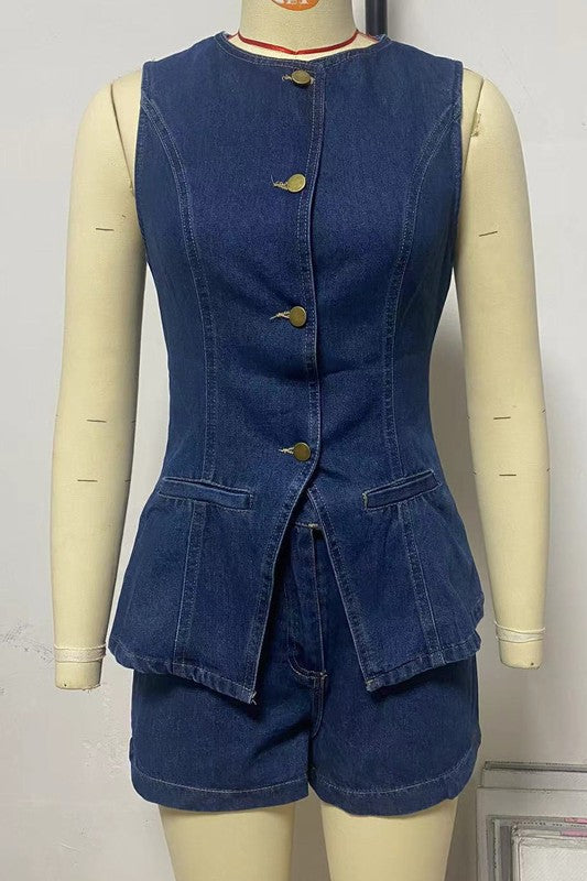 Denim Crop Jacket & Straight-Leg Pant Set