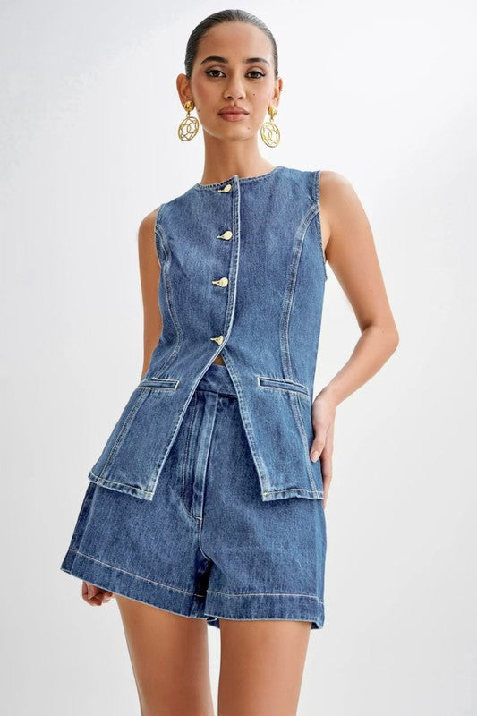 Denim Crop Jacket & Straight-Leg Pant Set