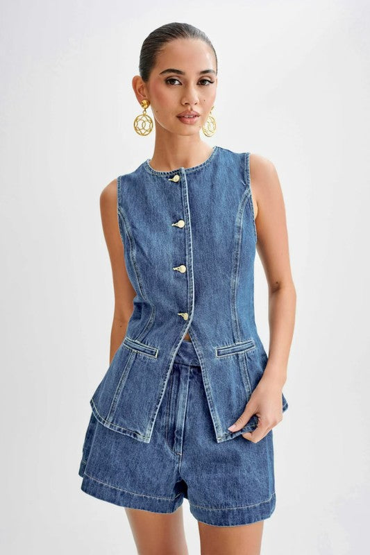 Denim Crop Jacket & Straight-Leg Pant Set