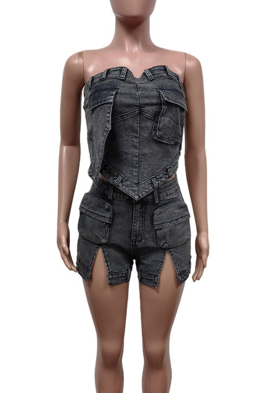 Denim Crop Jacket & Straight-Leg Pant Set