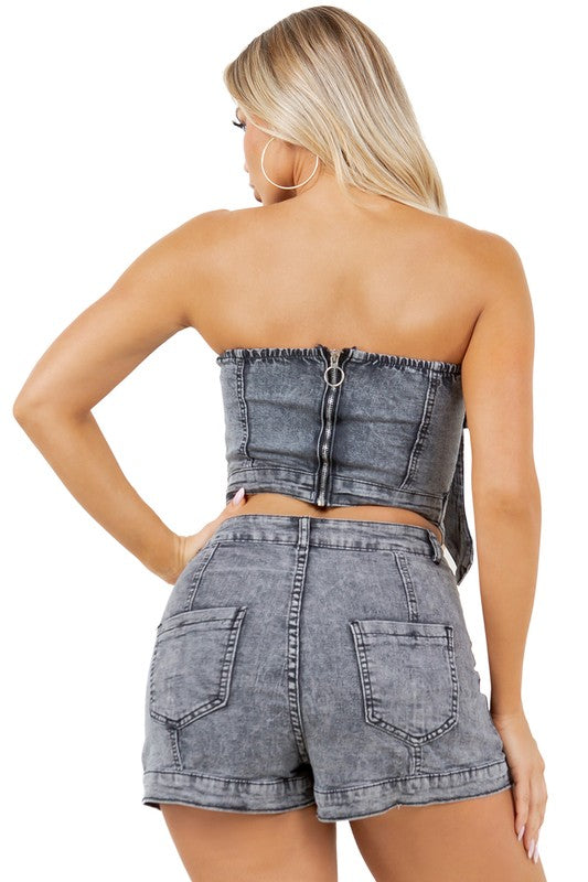 Denim Crop Jacket & Straight-Leg Pant Set