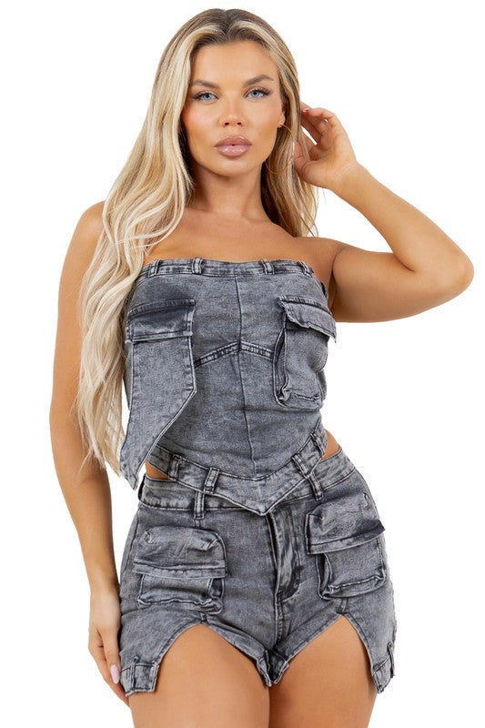 Denim Crop Jacket & Straight-Leg Pant Set