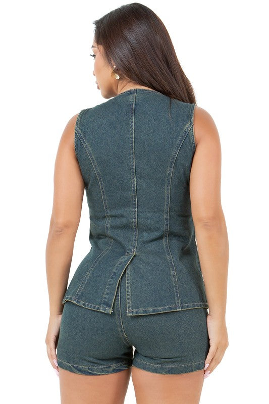 Denim Crop Jacket & Straight-Leg Pant Set