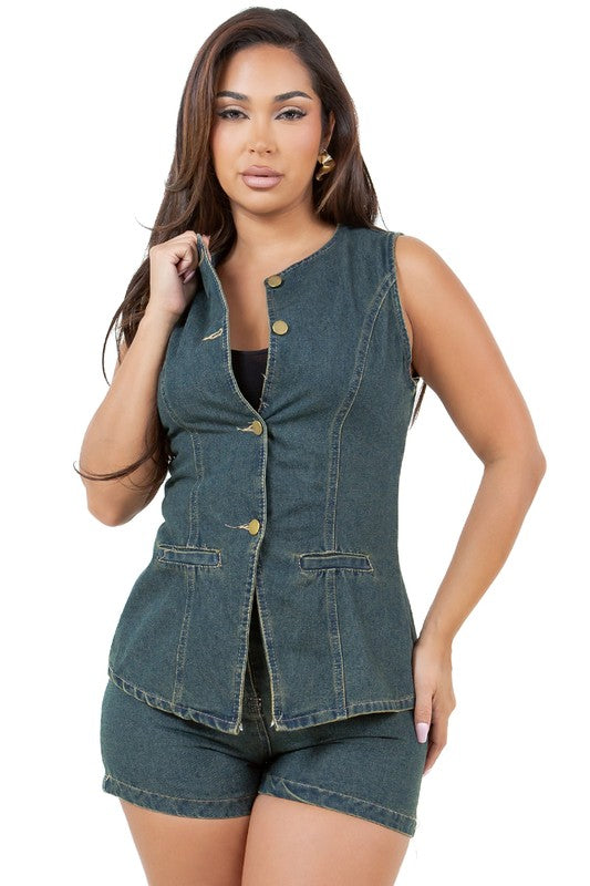 Denim Crop Jacket & Straight-Leg Pant Set