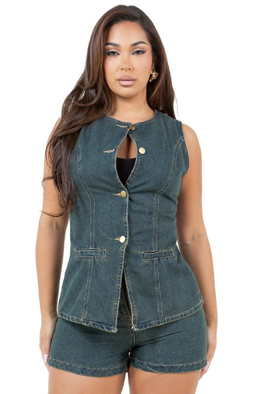 Denim Crop Jacket & Straight-Leg Pant Set