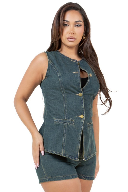 Denim Crop Jacket & Straight-Leg Pant Set