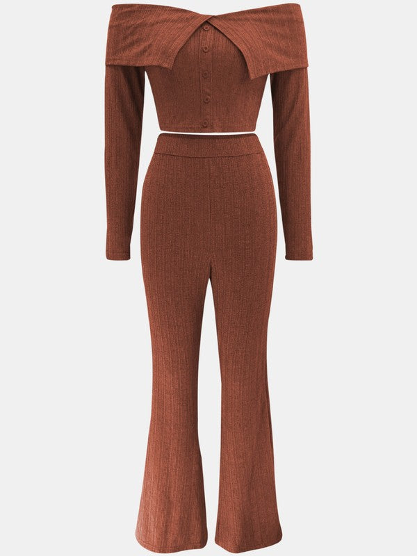 Casual Knit Top & High-Waist Pant set