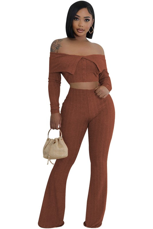 Casual Knit Top & High-Waist Pant set