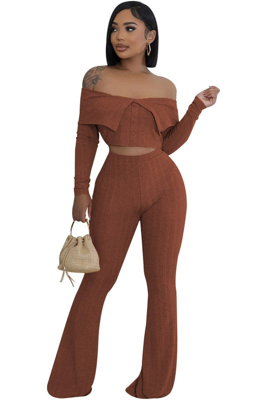 Casual Knit Top & High-Waist Pant set