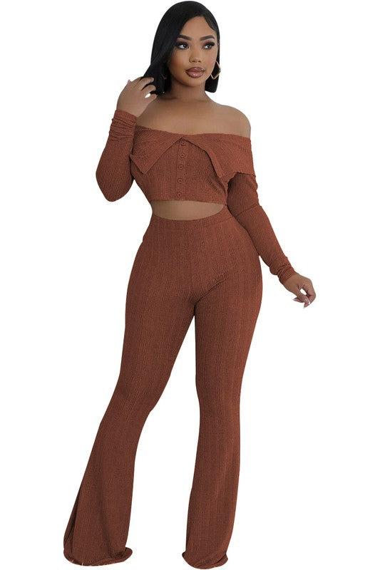 Casual Knit Top & High-Waist Pant set