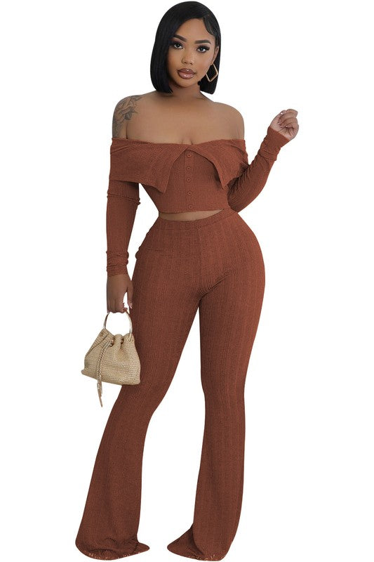 Casual Knit Top & High-Waist Pant set