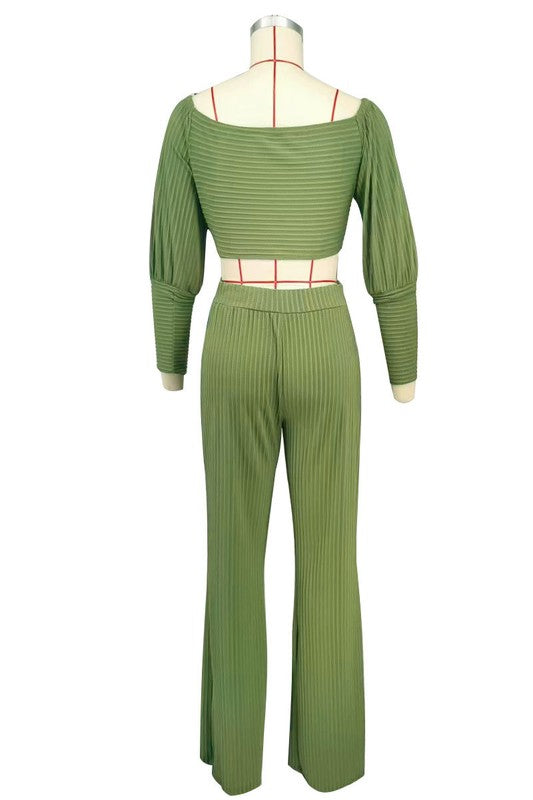 Casual Knit Top & High-Waist Pant Set