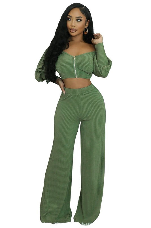 Casual Knit Top & High-Waist Pant Set