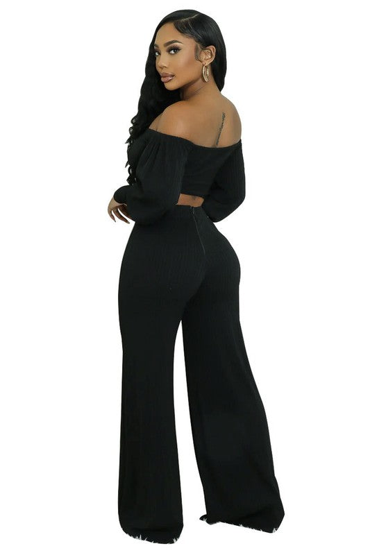 Casual Knit Top & High-Waist Pant Set