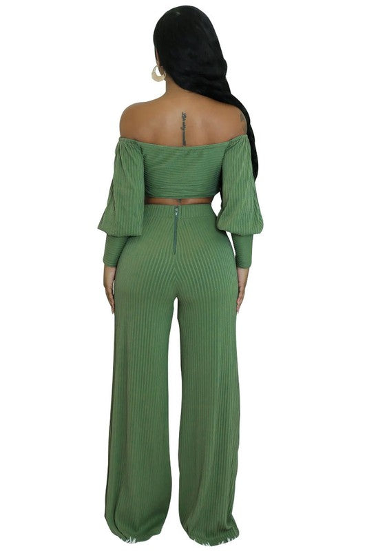 Casual Knit Top & High-Waist Pant Set