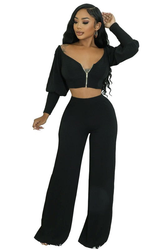 Casual Knit Top & High-Waist Pant Set