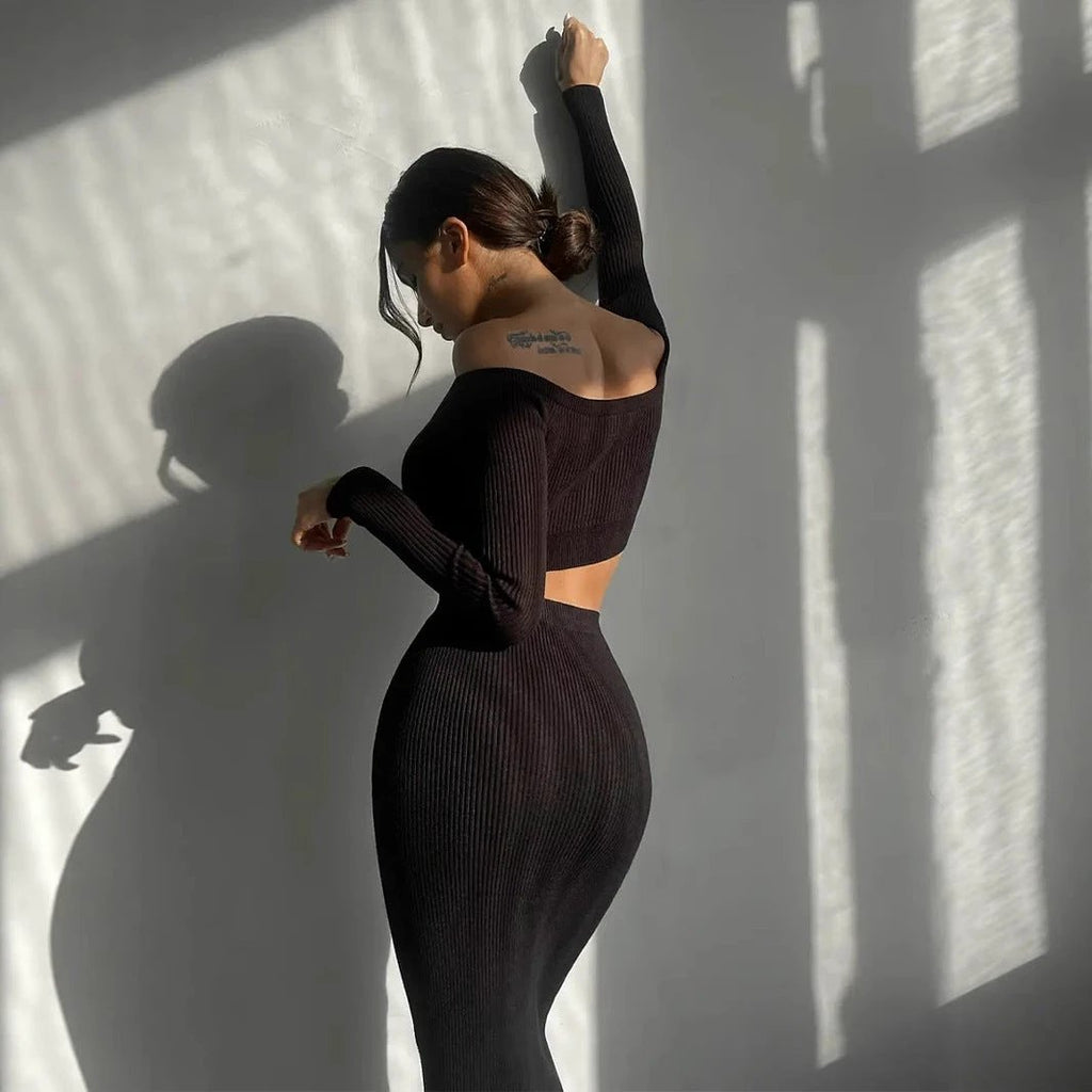 Autumn Winter Sexy Long Sleeve Sweater Dress Two-piece Set Skinny Knit